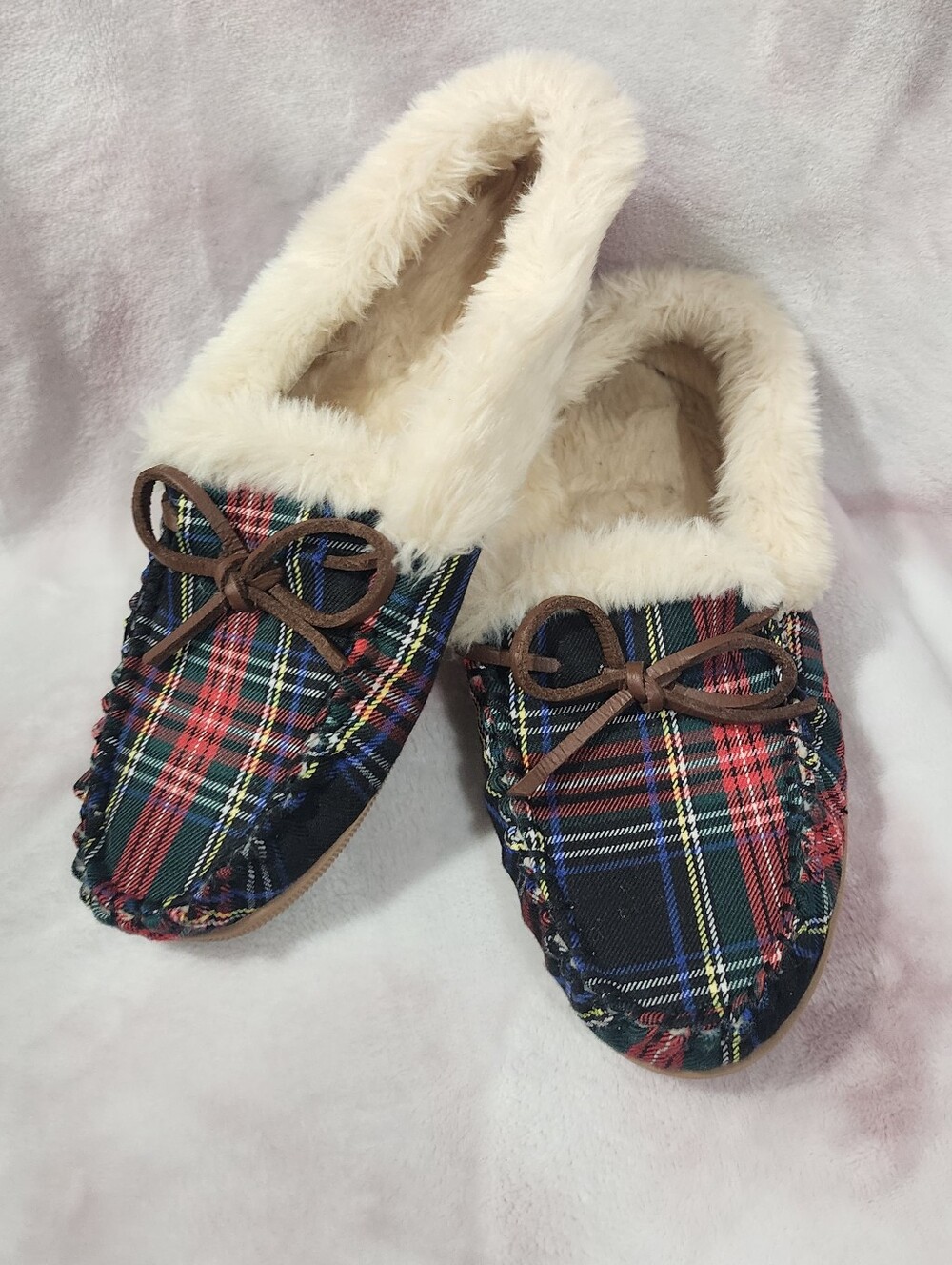 J. Crew Plaid Fur-Lined Moccasin Slippers - Red, Navy, Cream